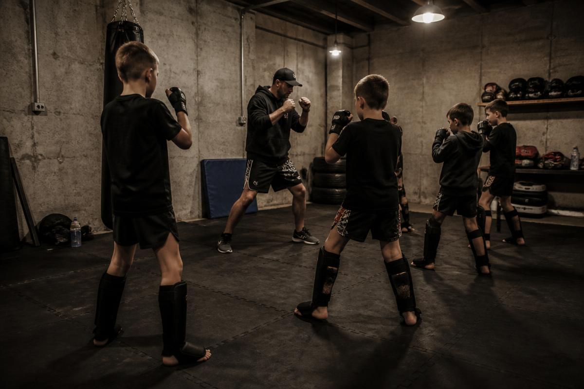 Trainer geeft jeugdtraining met boksmateriaal